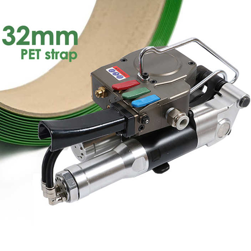 पोर्टेबल न्यूमैटिक बेलिंग प्रेस 32mm PP PET स्ट्रैप 6000N तनाव बल हैंडहेल्ड न्यूमैटिक स्ट्रैपिंग टूल