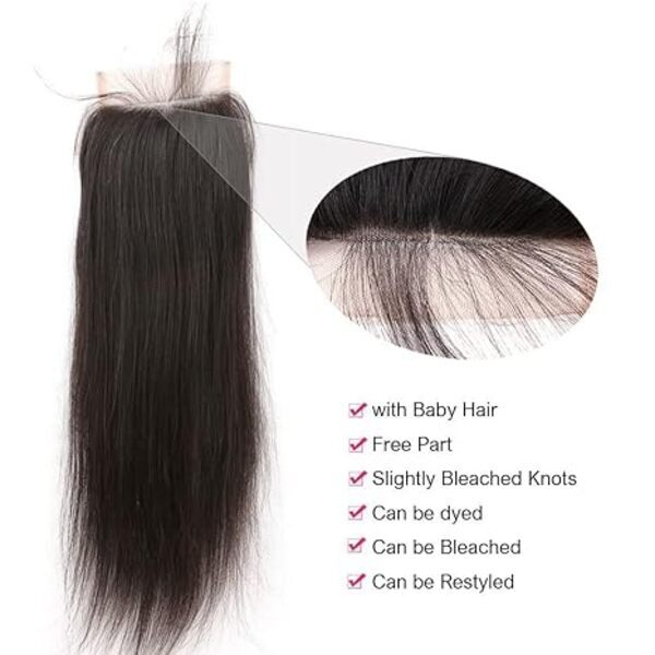 Lace Closure Straight Human Hair Free Part 100% Unprocessed Brazilian Virgin Hair Closure with Baby Hair  Color 16