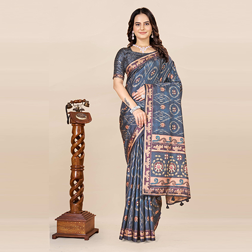 Kkspp-Et-1498-Nevy Blue Cotton Hand Block Printed Saree - Color: Multicolor