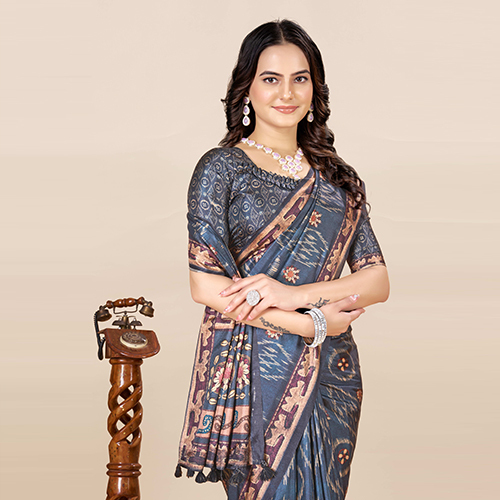 Kkspp-et-1498-nevy Blue Cotton Hand Block Printed Saree - Color: Multicolor