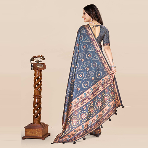 Kkspp-et-1498-nevy Blue Cotton Hand Block Printed Saree - Color: Multicolor