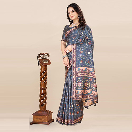 Kkspp-et-1498-nevy Blue Cotton Hand Block Printed Saree - Color: Multicolor