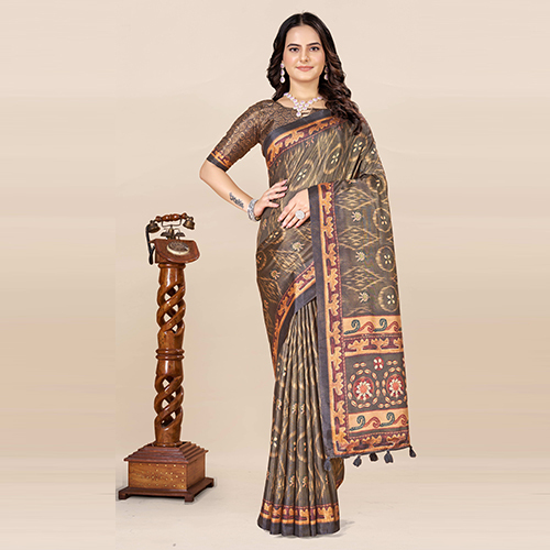 Kkspp-Et-1498-Coffee Brown Cotton Hand Block Printed Saree - Color: Multicolor