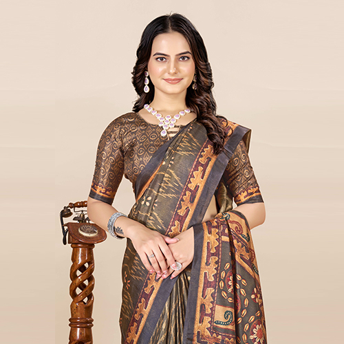 KKSPP-ET-1498-Coffee Brown Cotton Hand Block Printed Saree