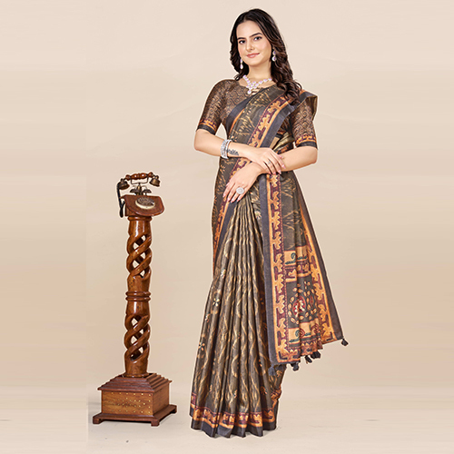 KKSPP-ET-1498-Coffee Brown Cotton Hand Block Printed Saree