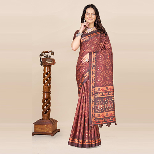Kkspp-Et-1498-Brown Cotton Hand Block Printed Saree - Color: Multicolor