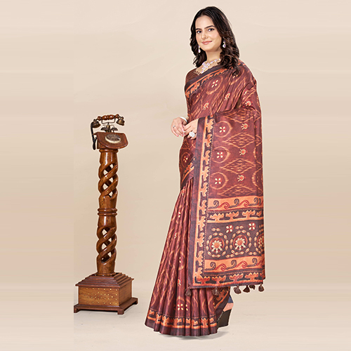 KKSPP-ET-1498-Brown Cotton Hand Block Printed Saree