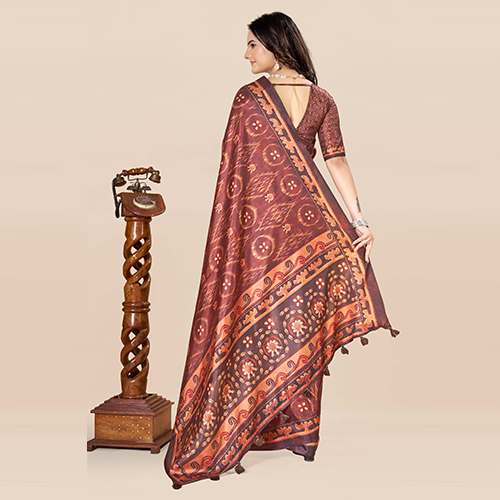 KKSPP-ET-1498-Brown Cotton Hand Block Printed Saree