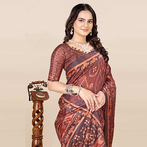 KKSPP-ET-1498-Brown Cotton Hand Block Printed Saree