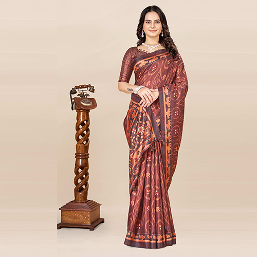 KKSPP-ET-1498-Brown Cotton Hand Block Printed Saree