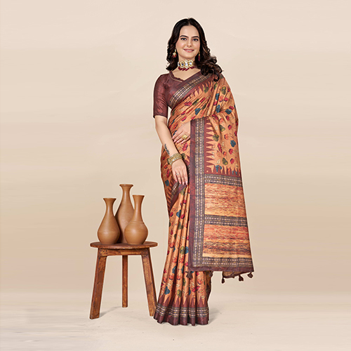 84-Et-701-Brown Floral Printed Saree - Color: Multicolor