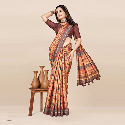 Printed Silk Plain Saree - Color: Brown