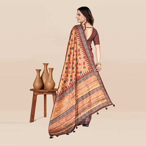 Printed Silk Plain Saree - Color: Brown