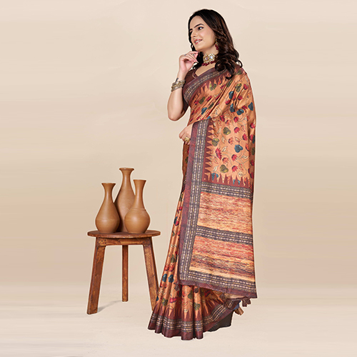 Printed Silk Plain Saree - Color: Brown