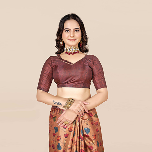 Printed Silk Plain Saree - Color: Brown