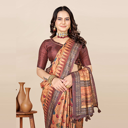 Printed Silk Plain Saree - Color: Brown