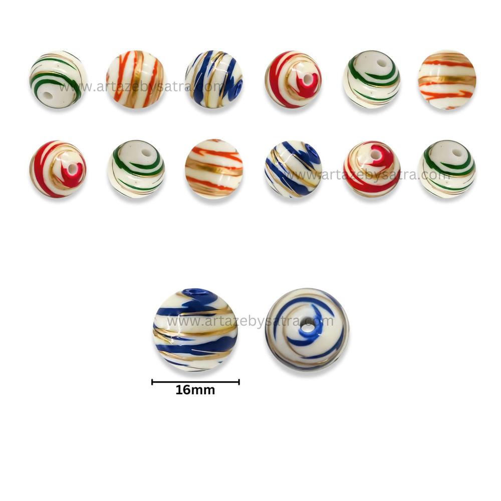 Assorted Swirl Striped Round Exclusive Acrylic Beads | Size : 14mm | Qty : 10ps