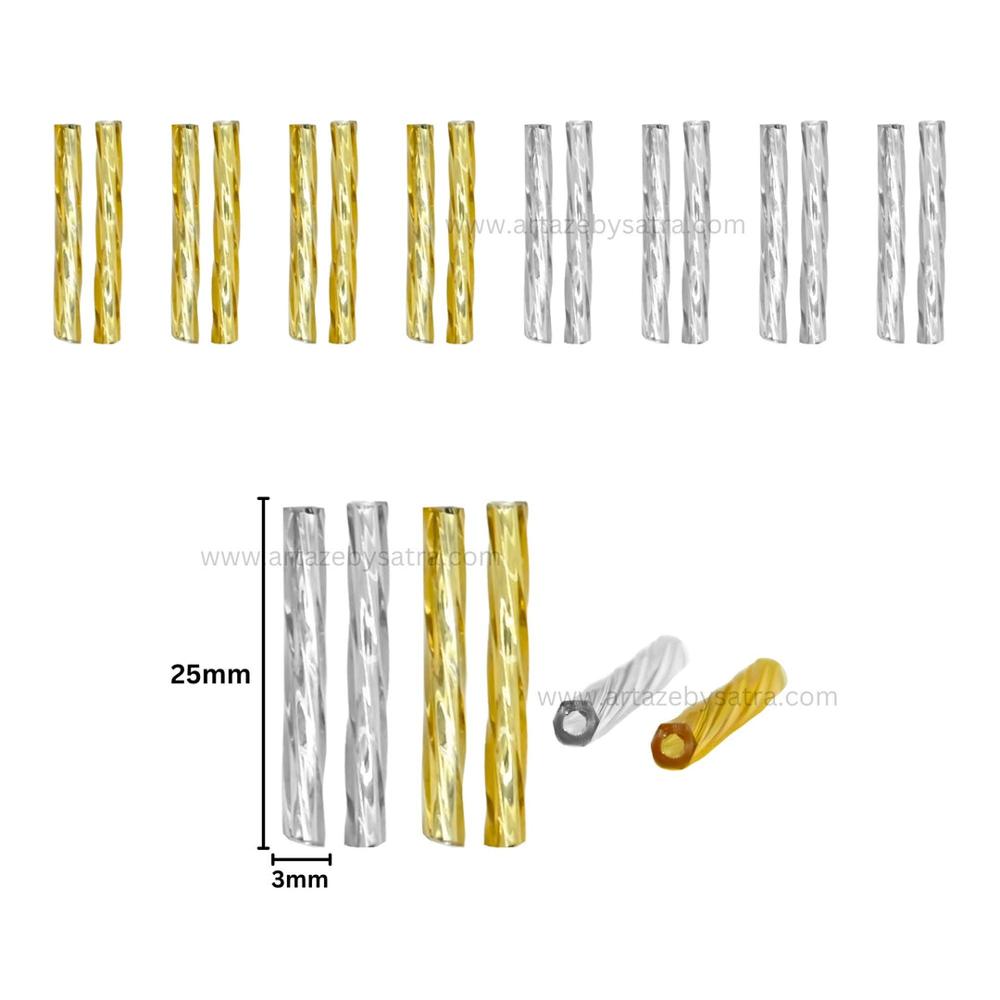 Twisted Gold & Silver Glass Tube Beads | Size : 25mm | Qty : 100g