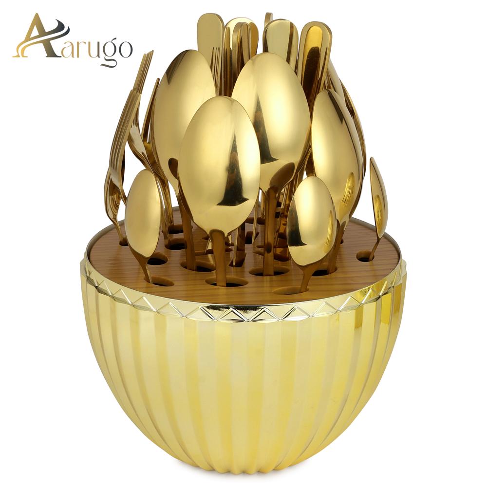 24pcs Steel G Old Coated Cutlery Set - Color: Gold