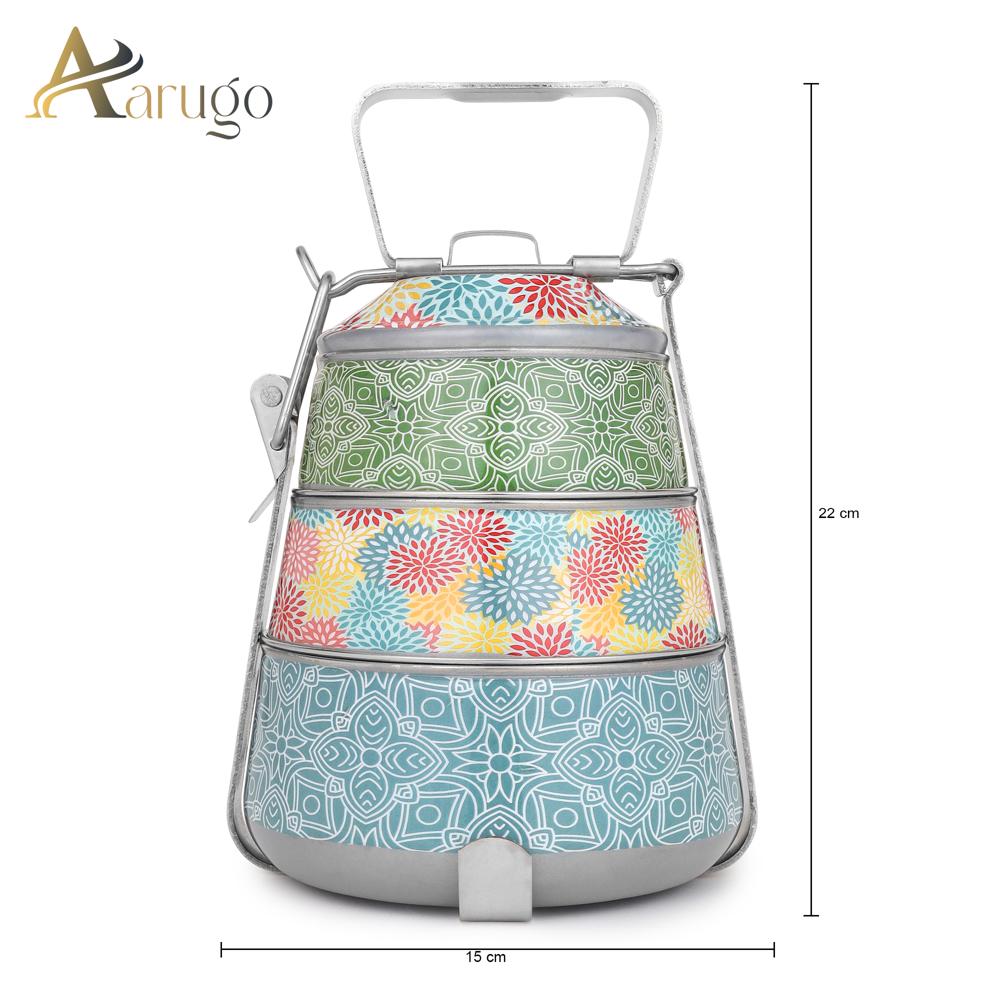 Pyramid Shaped 3-container Tiffin Box - Color: Multi Color