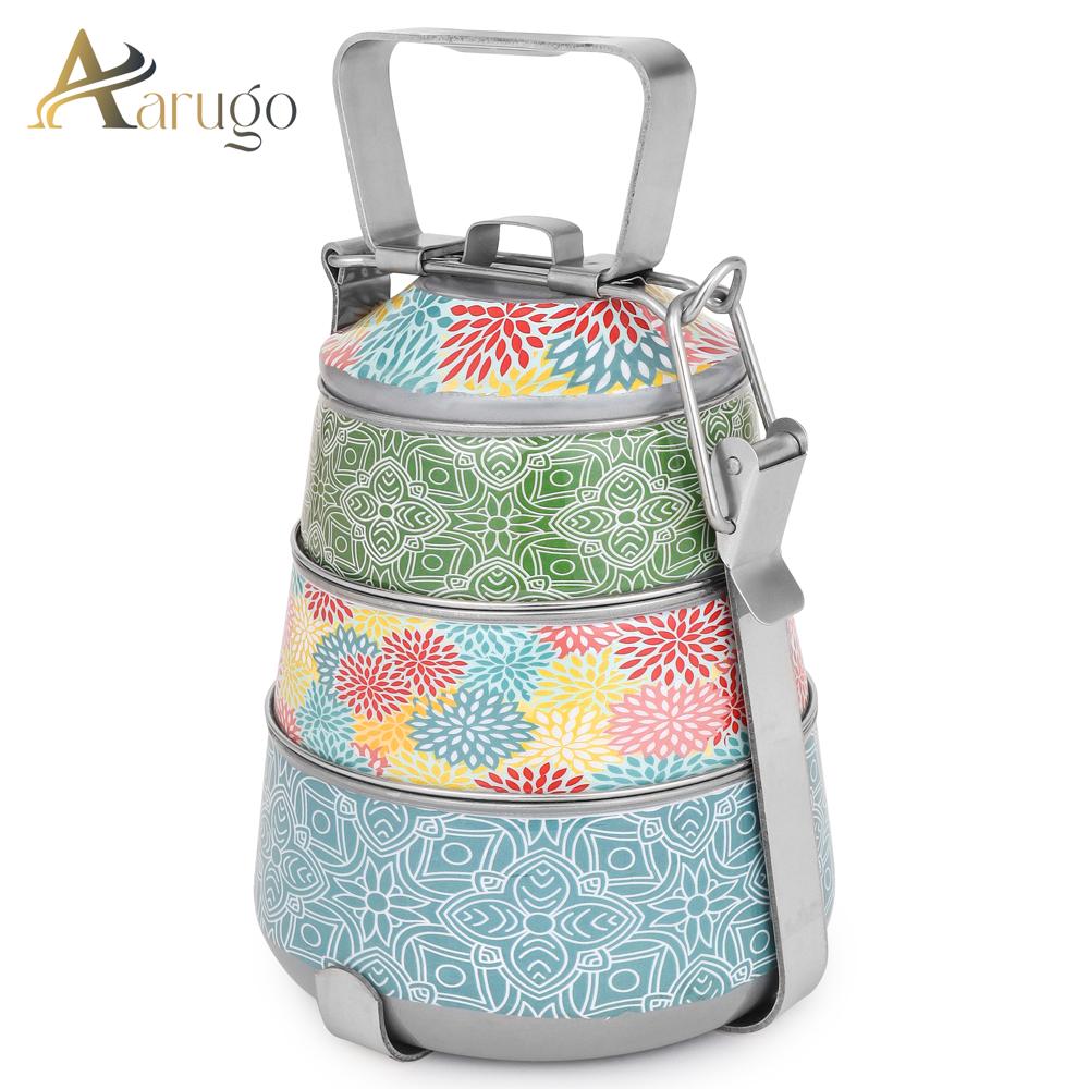 Pyramid Shaped 3-container Tiffin Box - Color: Multi Color