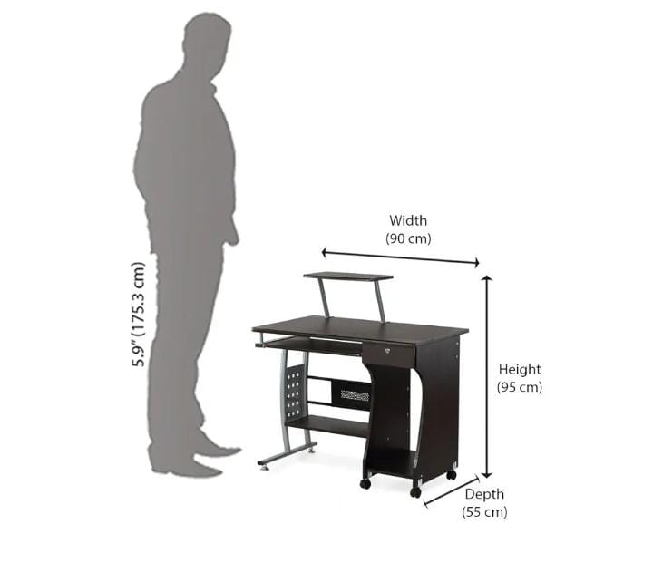 Nilkamal Gamma Computer Table - Wood & Iron, Brown Color, Melamine Finish | Eco-friendly, Smooth Coating, Cpu Compartment, Keyboard Tray, 2 Shelves, Wheels Included