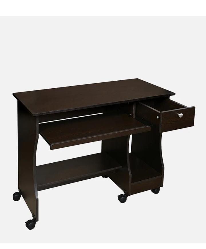 Nilkamal Zenith Computer Table - Eco-friendly Wood, Smooth Finish, Brown Color | Features: Keyboard Tray, Drawers, Shelves, Mobile Casters