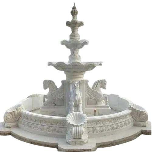 White Marble Fountain - White Stone, 7 Feet Water Projection | Smooth Finishing, Elegant Design for Serene Garden Spaces