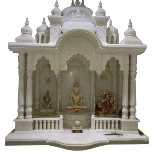 Indian Marble Carved Indoor Temple - Marble, Rectangular Design, White Color | Hand-Carved, Polished Surface, Fire-Resistant Features