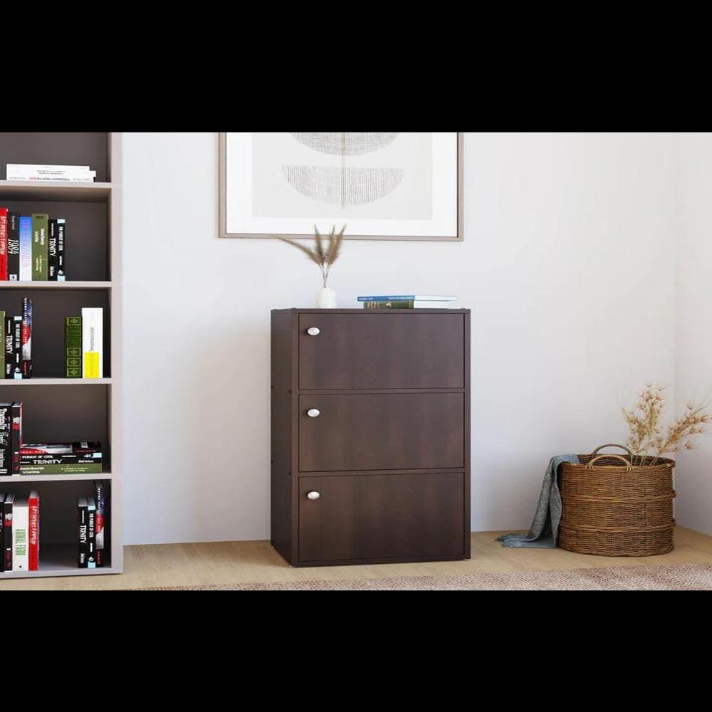 Nilkamal Troy Bookcase - Solid Wood, Three Shelves, Brown Finish | Eco-friendly Design, Modern Aesthetic, Durable Shutter Doors