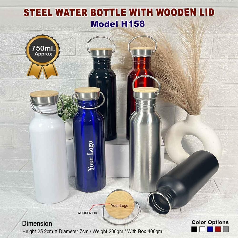 Steel Water Bottle With Wooden Lid 750 Ml - Features: Leak Proof
