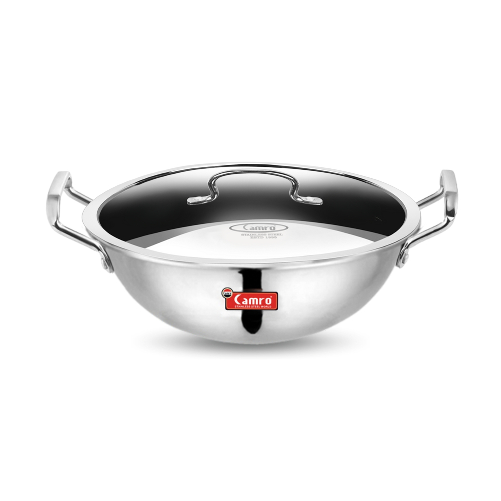Triply Stainless Steel Deep Kadai with Lid Heavy Bottom, Induction Friendly, 1.2 Ltr.