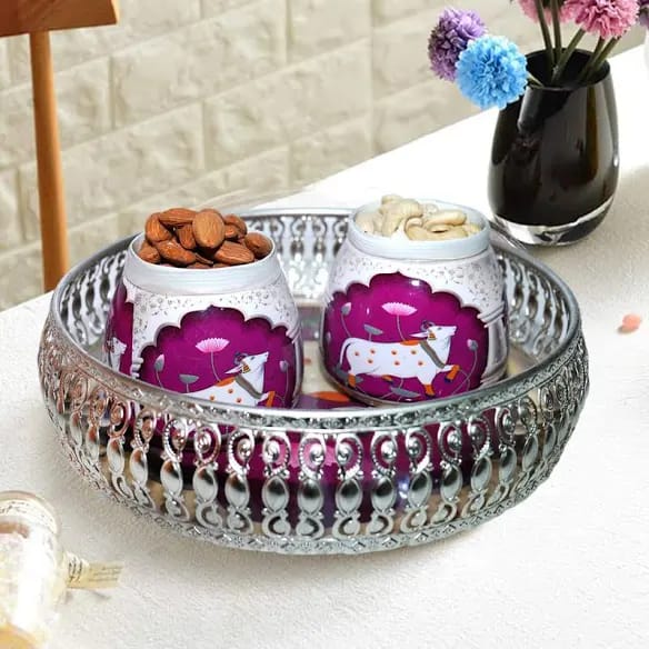Metal German Pichwai Tray With Jar