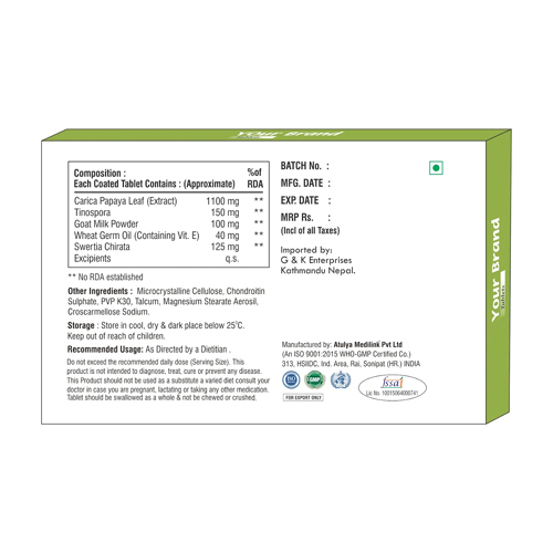 Carica Papaya Leaf Tinospora Goat Milk Powder Wheat Germ Oil Swertia Chirata Tablets