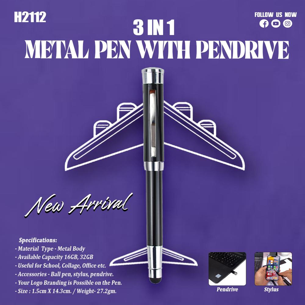 3 In 1 Pen With Pendrive 16 Gb - Color: Black