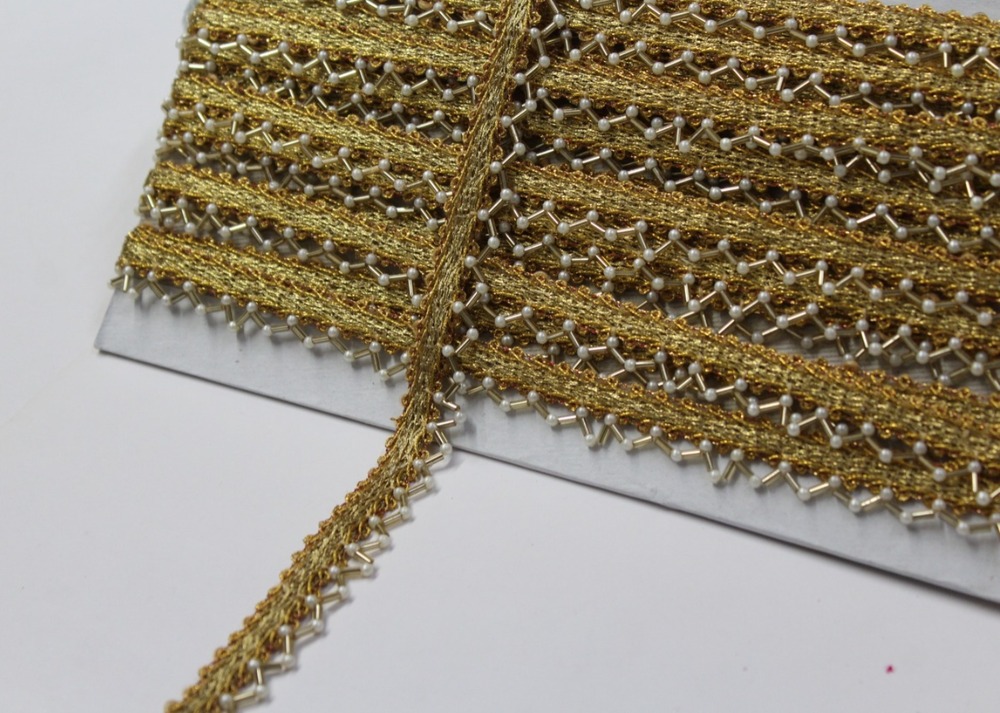 Fancy Latkan Moti Lace - Textile With Golden Thread, 5-10 Meters Long, 1 Inch Wide | Elegant Design, Durable Material, Versatile Use For Various Attire