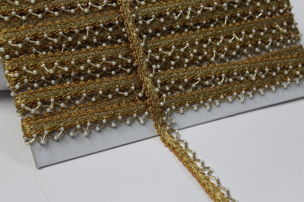 Fancy Latkan Moti Lace - Textile With Golden Thread, 5-10 Meters Long, 1 Inch Wide | Elegant Design, Durable Material, Versatile Use For Various Attire