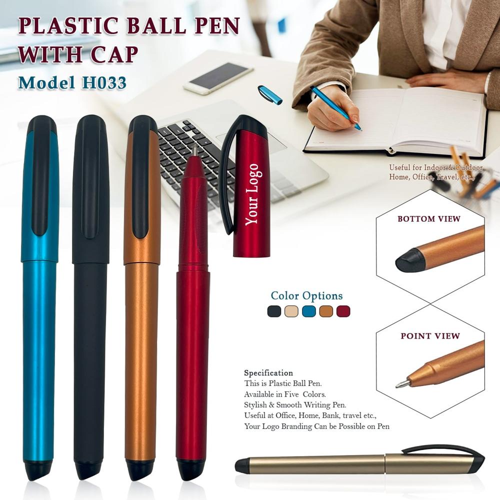 Plastic Ball Pen With Cap - Color: Red