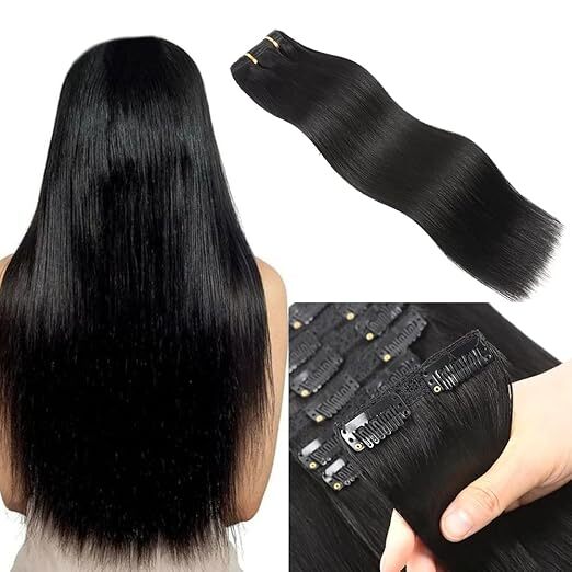 Human Hair Extension for Women and Girls ( Set and 4 Clips) (Black, 24 Inch)