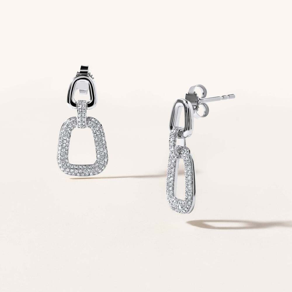 Lab-grown Diamond Paperclip Drop Earrings, Modern Chain Link Statement, 18k White Gold - Color: Colorless