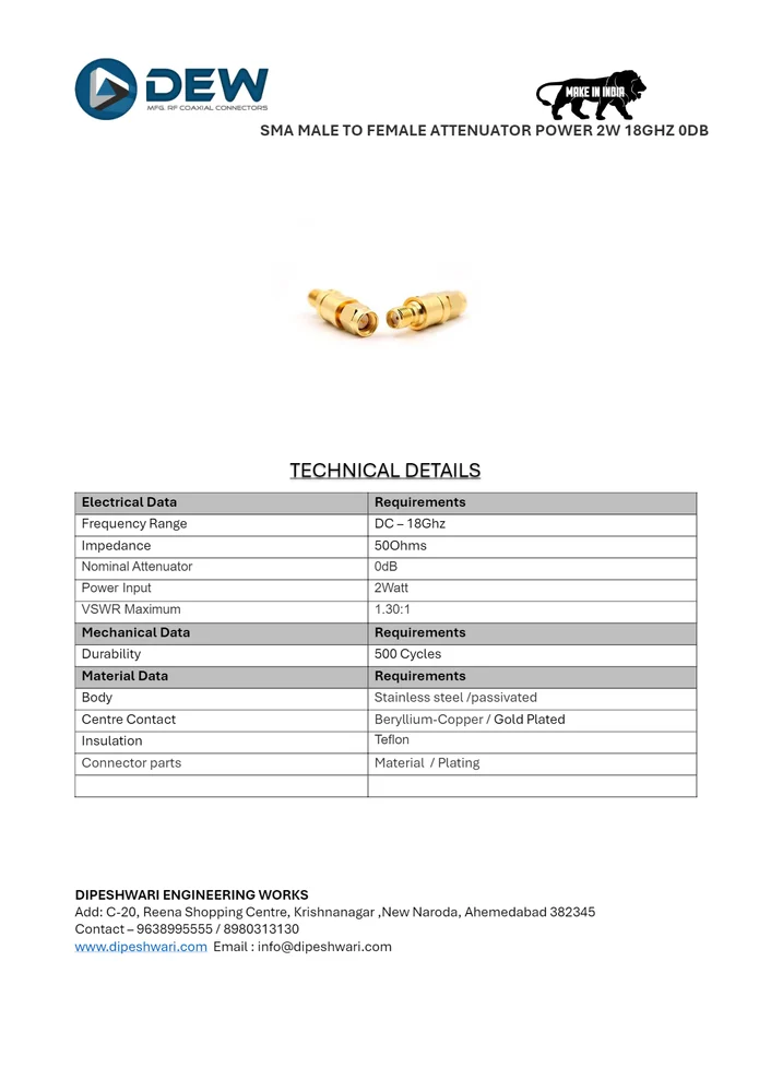 Sma Male To Female Attenuator Power 2W 18Ghz 0Db,