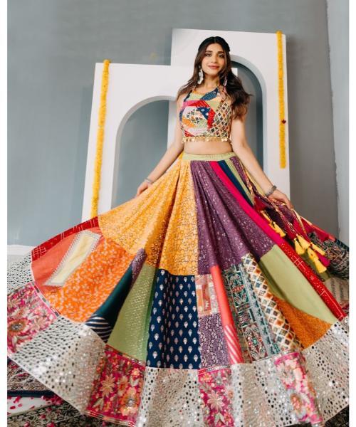 Multicolor Maslin Cotton Digital Print with Real Mirror Navratri Lehenga Choli Set