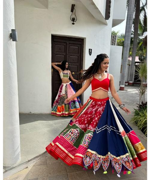 Multicolor Maslin Cotton Digital Print with Real Mirror Navratri Lehenga Choli Set