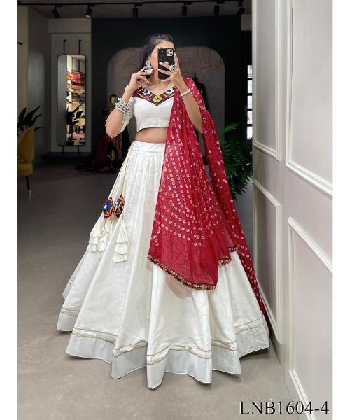 White Gamthi Work Cotton Lehenga Choli With Dupatta