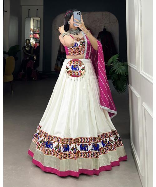 White Gamthi Work Cotton Lehenga Choli With Dupatta - Design: Classic