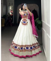 White Gamthi Work Cotton Lehenga Choli With Dupatta