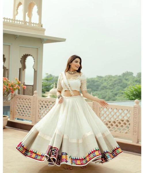 White Gamthi Work Cotton Lehenga Choli With Dupatta - Design: Classic