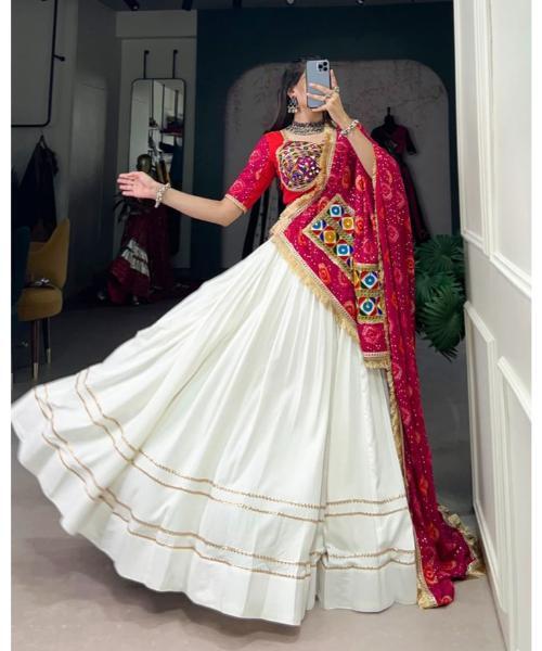 White Gamthi Work Cotton Lehenga Choli With Dupatta - Design: Classic