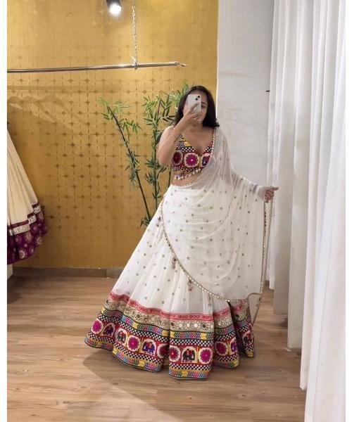 White Gamthi Work Cotton Lehenga Choli With Dupatta - Design: Classic