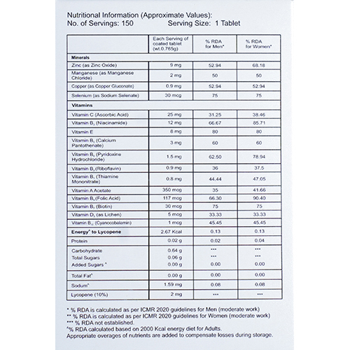 Multivitamin Multimineral And Lycopene Tablets - Drug Type: General Medicines